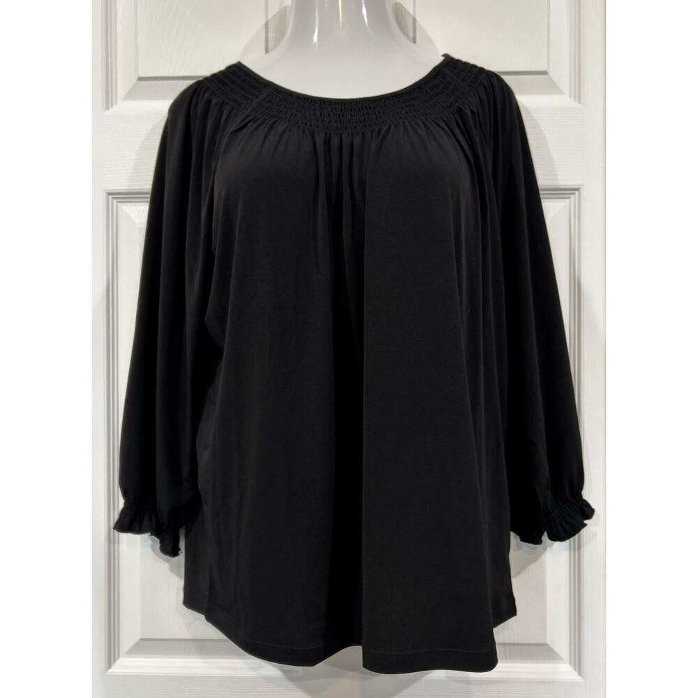 Susan Graver Stretch Black Blouse Top Liquid Knit Smocked Neck Top Ruffle Cuff L